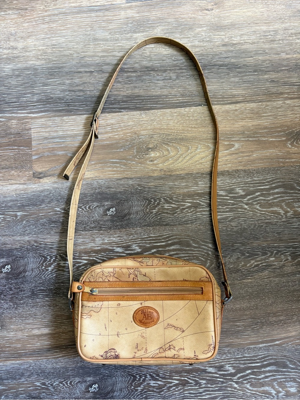 Vintage Tan Map-Print Crossbody Bag